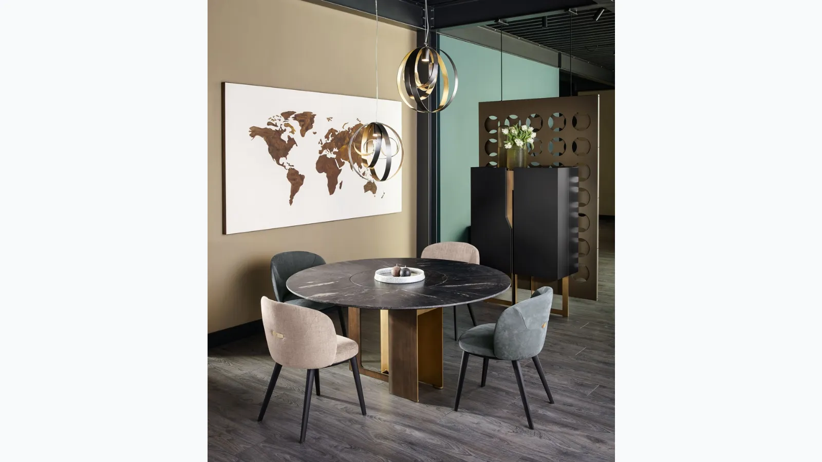 Tall lacquered wooden sideboard with metal base intersecting in the structure of Cantori's Mirage Cabinet.