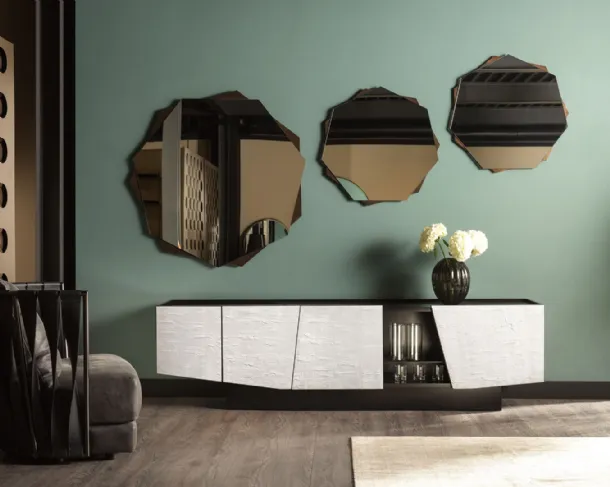 Asymmetrical glass-top sideboard with wooden base Prisma by Cantori.