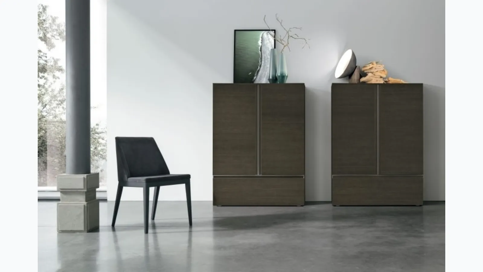 Vertical Sideboard Regolo R03 in textured moka oak by Tomasella.