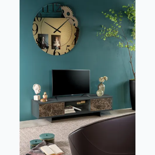 Teo TV cabinet in matte lacquered finish with porcelain stoneware doors by Tonin Casa.