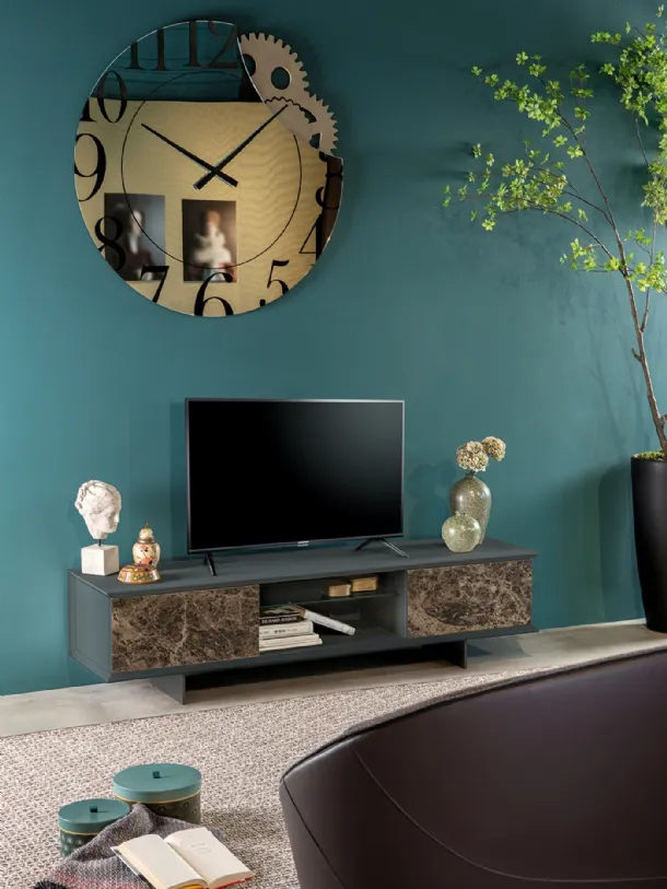 Teo TV cabinet in matte lacquered finish with porcelain stoneware doors by Tonin Casa.