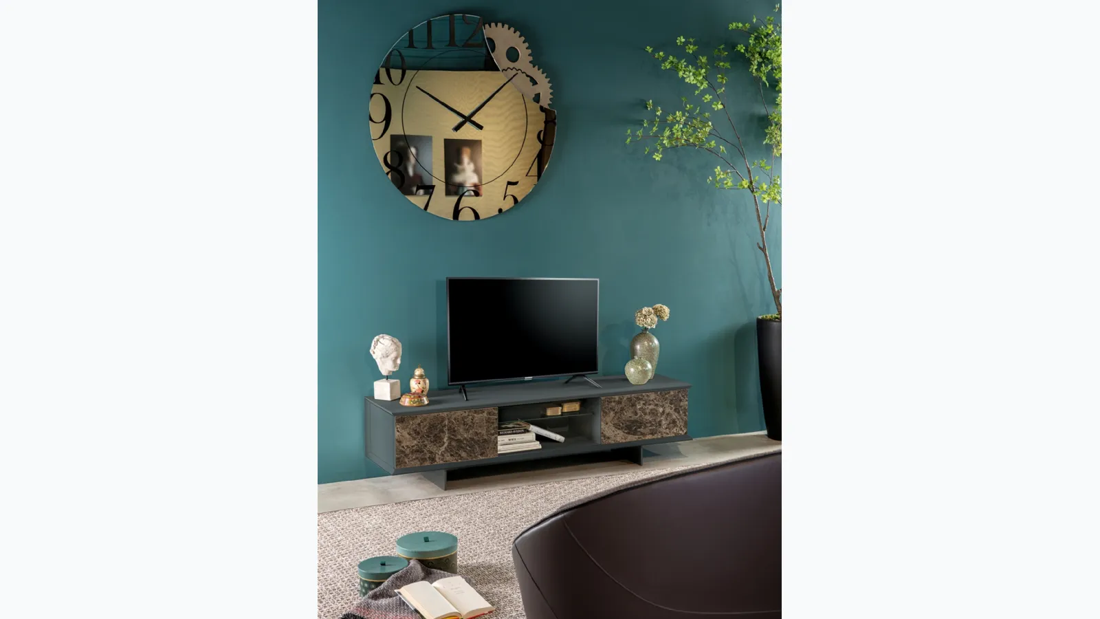 Teo TV cabinet in matte lacquered finish with porcelain stoneware doors by Tonin Casa.