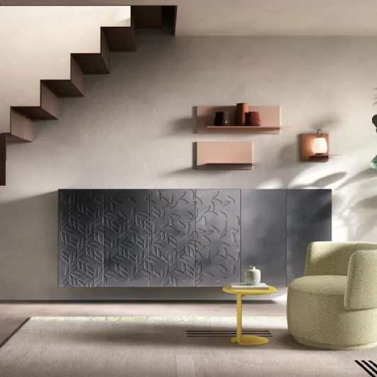 Suspended Zurich sideboard with Vintage Iron effect finish and 3D engravings by Rover di Capo d'Opera.