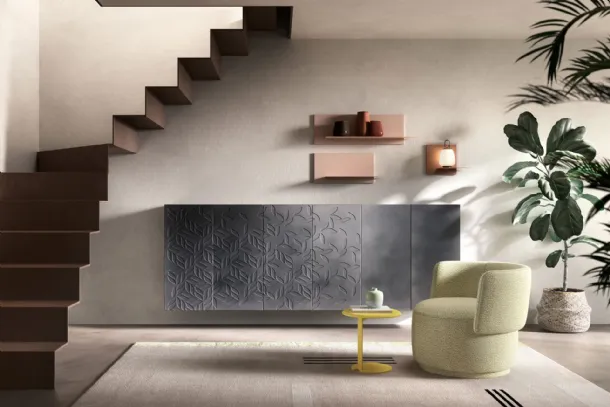 Suspended Zurich sideboard with Vintage Iron effect finish and 3D engravings by Rover di Capo d'Opera.