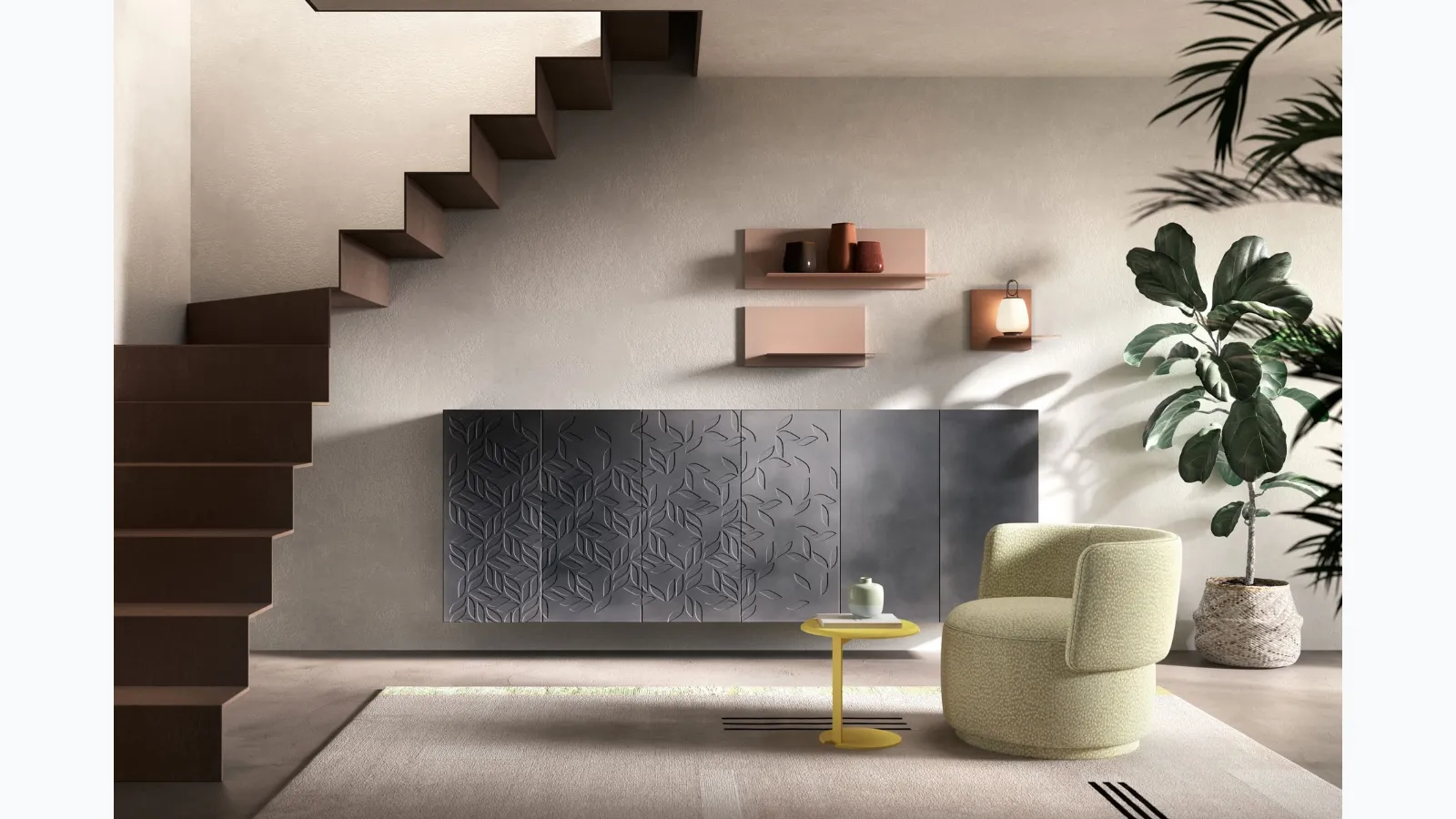 Suspended Zurich sideboard with Vintage Iron effect finish and 3D engravings by Rover di Capo d'Opera.