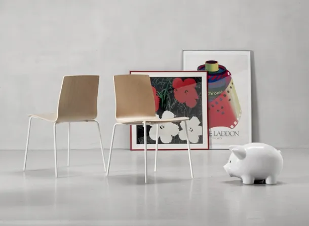 Stackable chair with multi-layered beech wood shell and steel tube legs Alice Wood by Scab Design