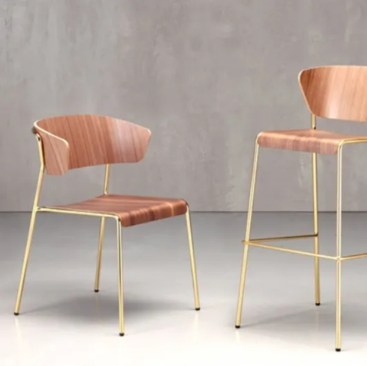 Wooden stool with steel rod structure, brass finish Lisa Wood by Scab Design.