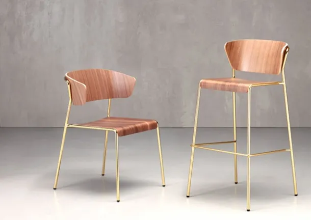 Wooden stool with steel rod structure, brass finish Lisa Wood by Scab Design.