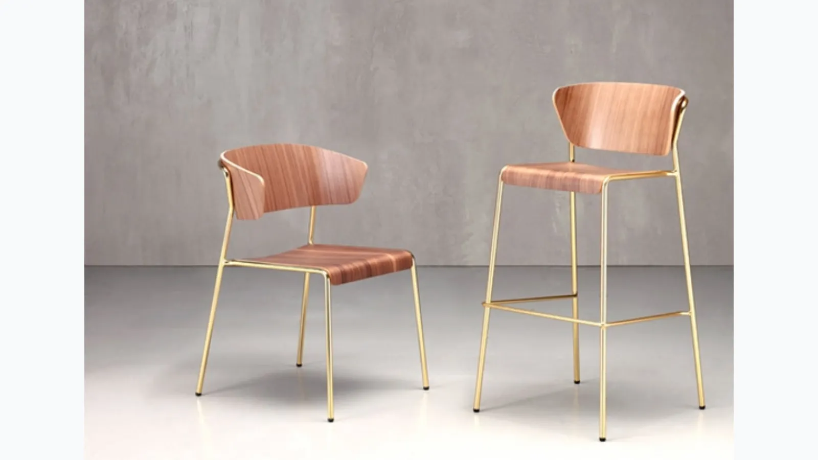 Wooden stool with steel rod structure, brass finish Lisa Wood by Scab Design.