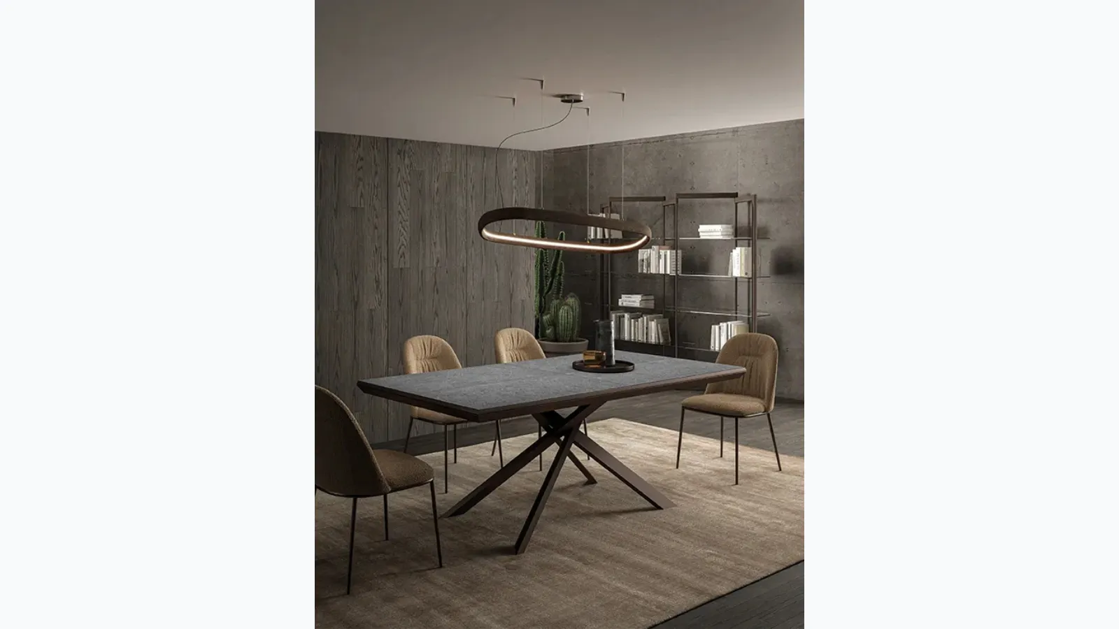 Extendable 4x4 table in Ozzio concrete.