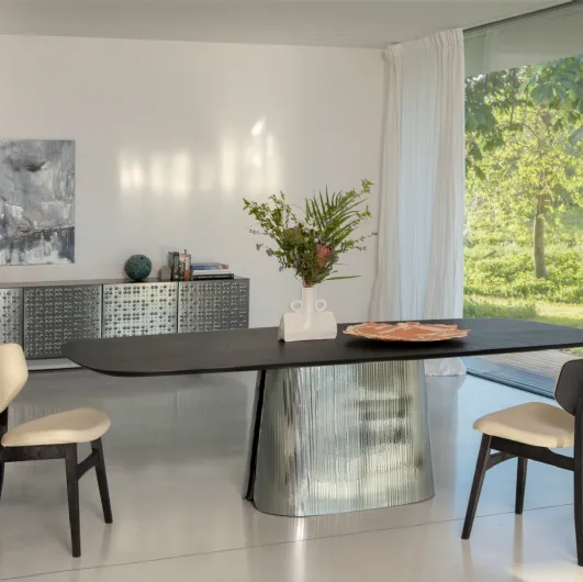 Adone Plissé table with wooden top and retro-silvered glass base by Tonin Casa.