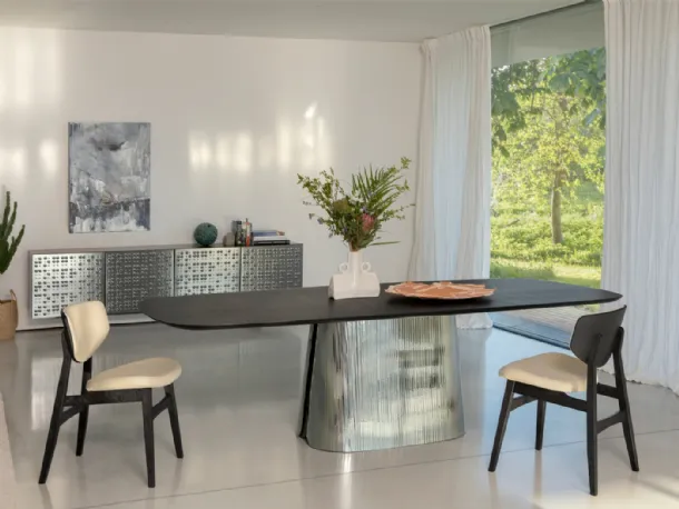 Adone Plissé table with wooden top and retro-silvered glass base by Tonin Casa.