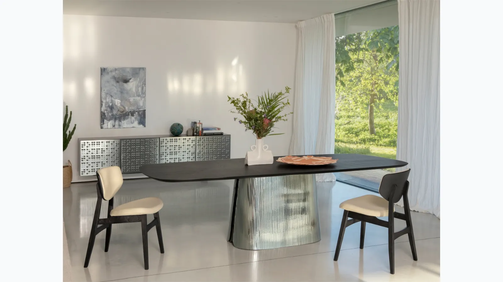 Adone Plissé table with wooden top and retro-silvered glass base by Tonin Casa.