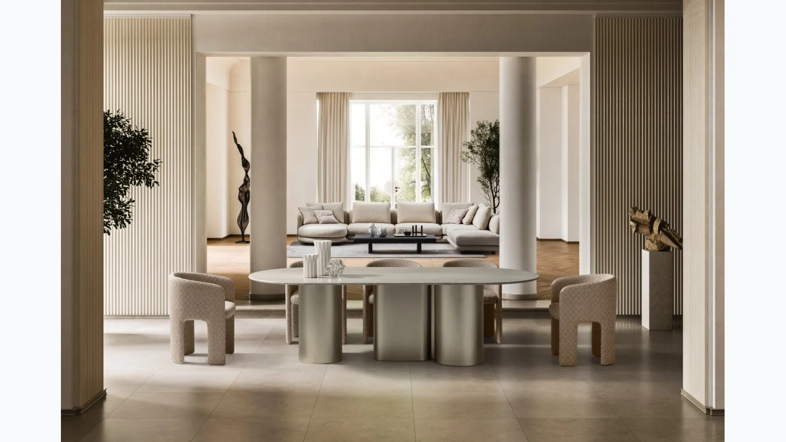 Design oval table Arcade with marble top and metal base by Ditre Italia.