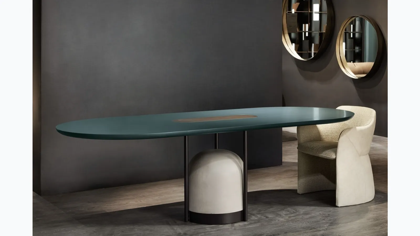 Arcane oval table in lacquered finish with Cantori cement base.
