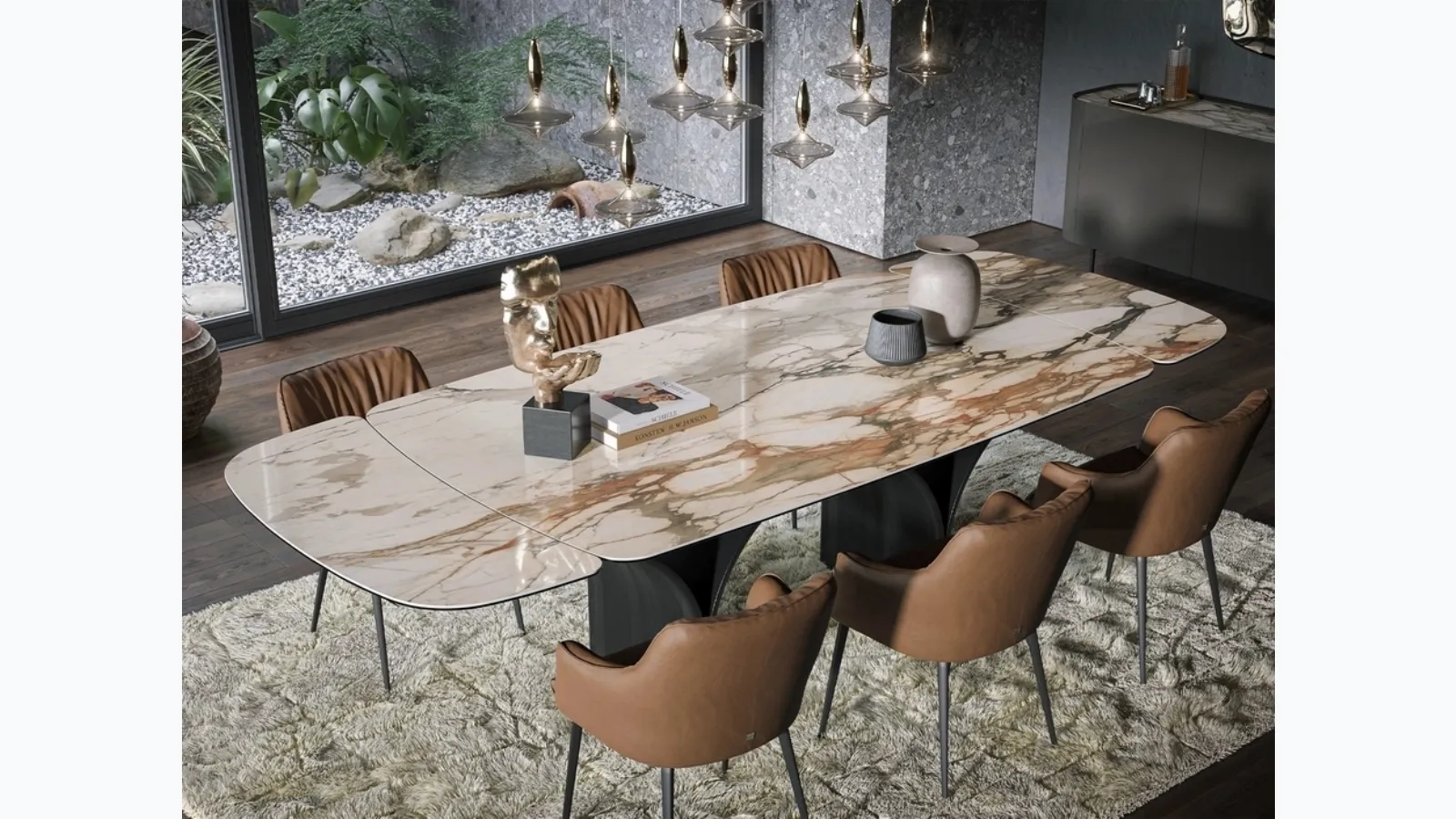 Extendable table Arco Ext in marble effect ceramic by Tonin Casa.