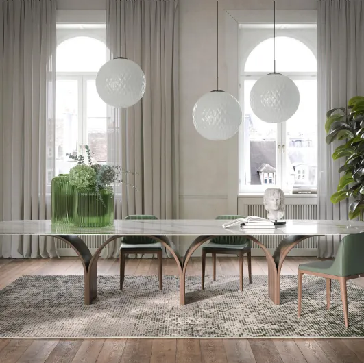 Glass printed table with Arco Maxi wooden base by Tonin Casa.