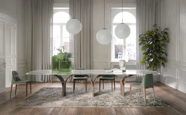 Glass printed table with Arco Maxi wooden base by Tonin Casa.