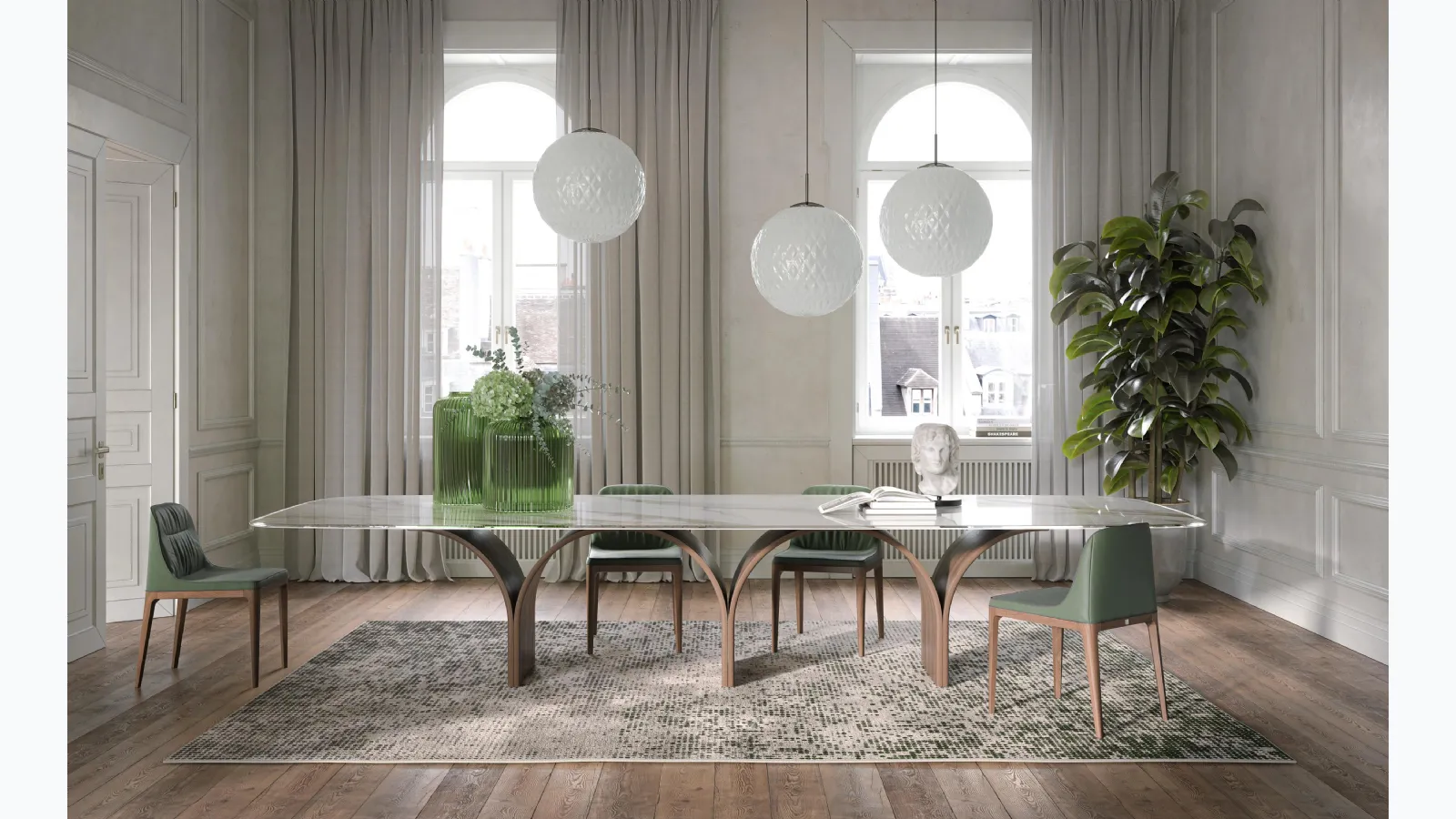 Glass printed table with Arco Maxi wooden base by Tonin Casa.