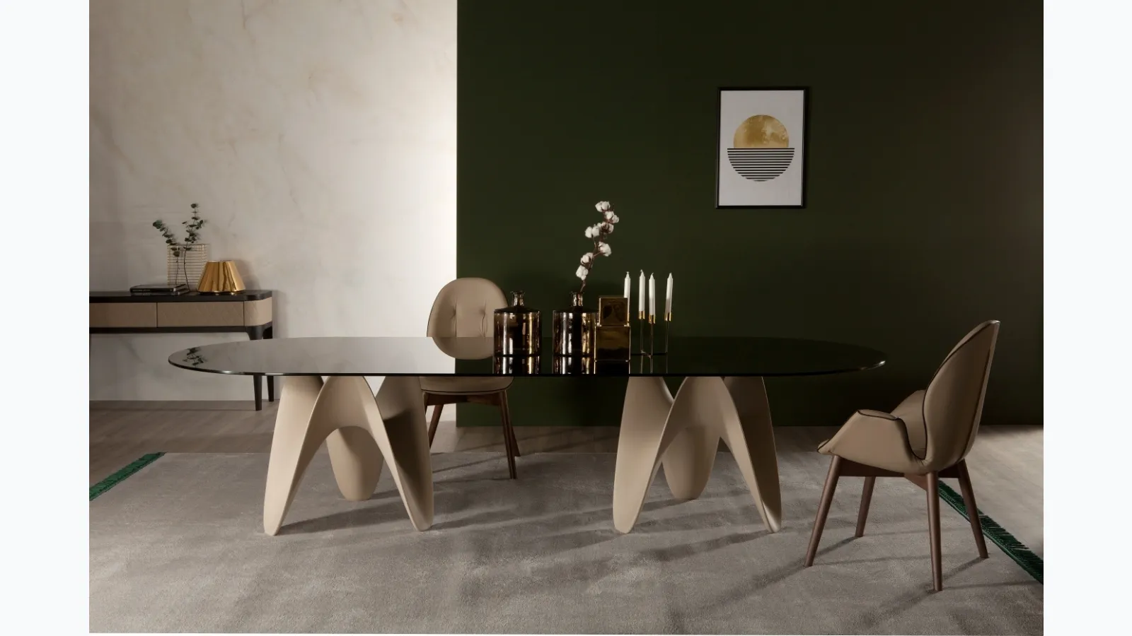 Table with double Technoril base and Big Gaya glass top by Tonin Casa.