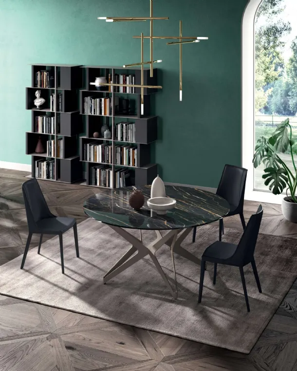 Large Round Fixed Table in Noir Desir ceramic with Ozzio metal base