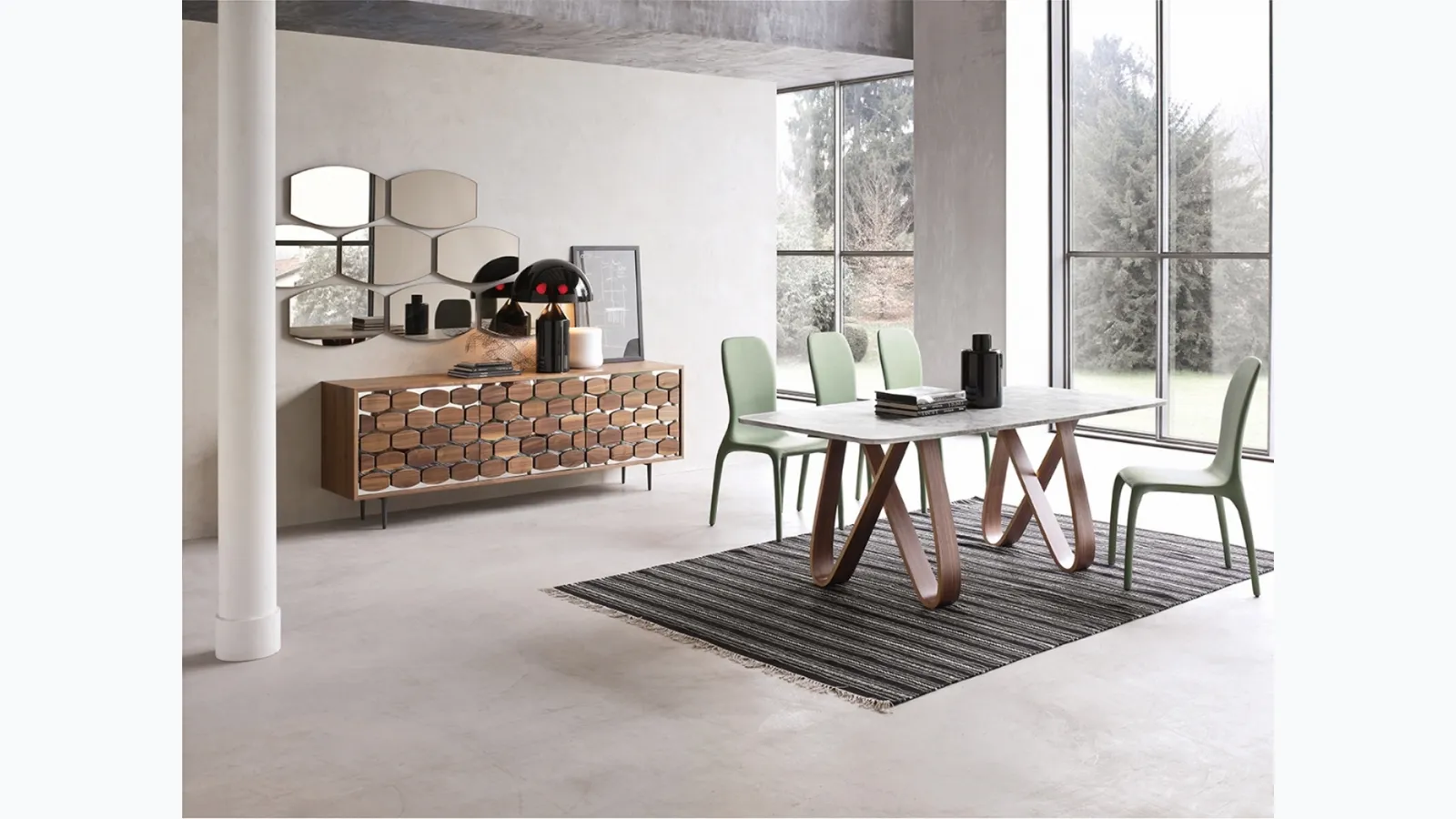 Butterfly table with a base in thermocurved wood and a top in Tonin Casa marble.