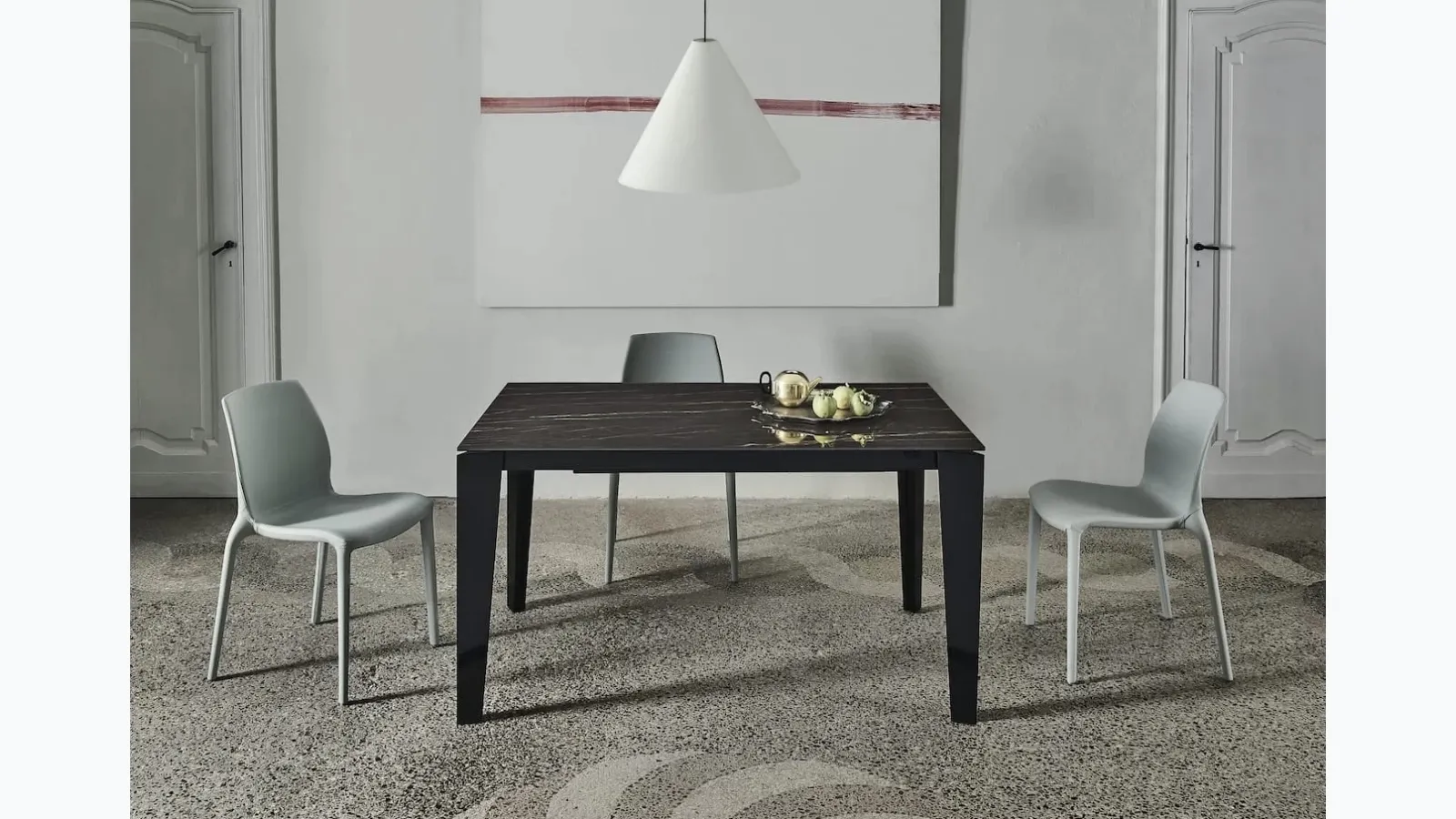 Cruz XXL extendable table with SuperMarble top and lacquered steel base by Bontempi.