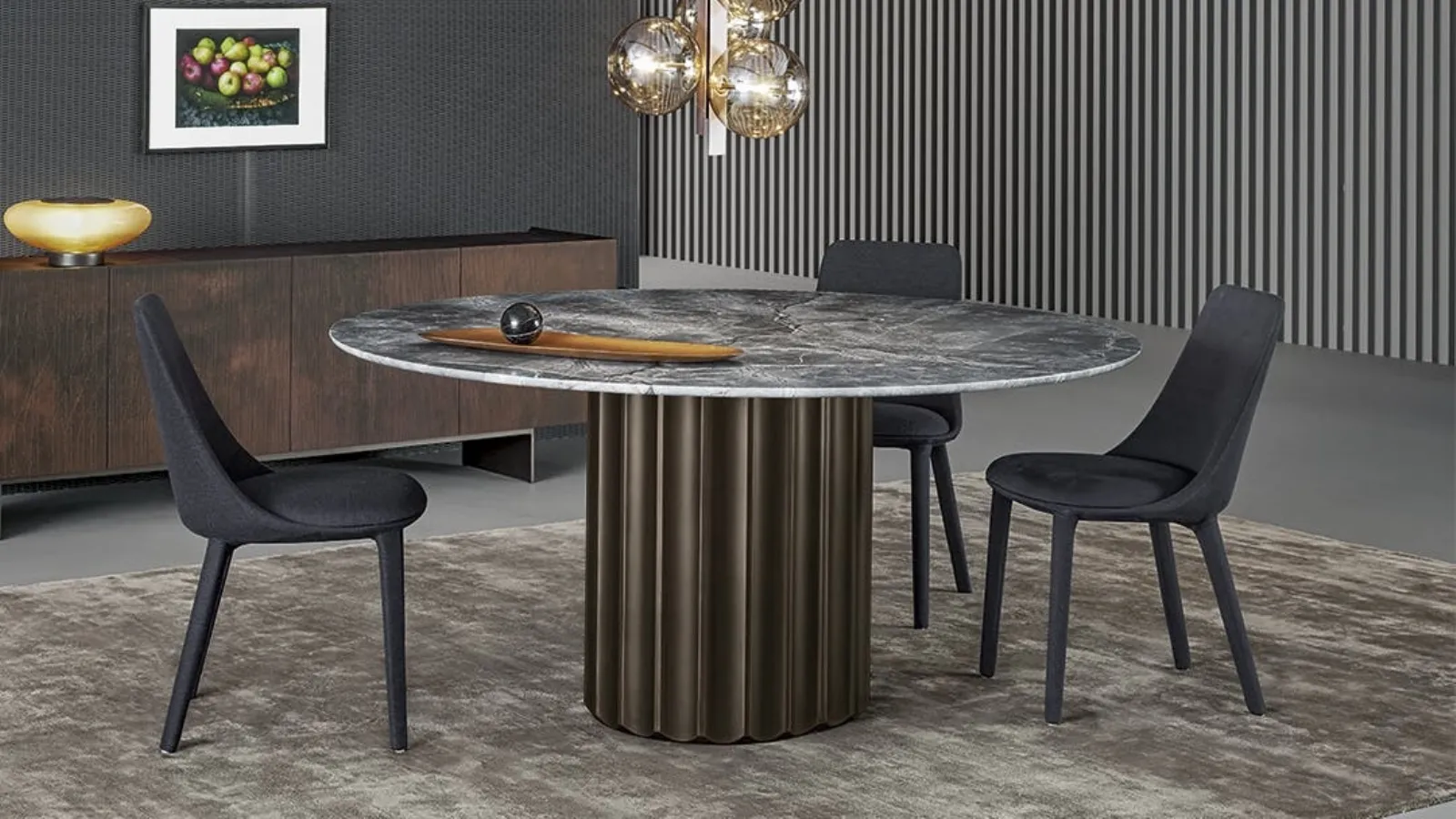 Dorian Table with marble top and polyurethane base with brushed bronze finish by Bonaldo.