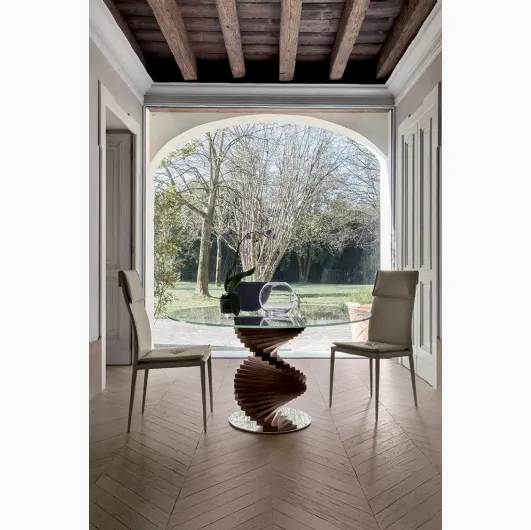 Round table Florence with wooden base and glass top by Tonin Casa