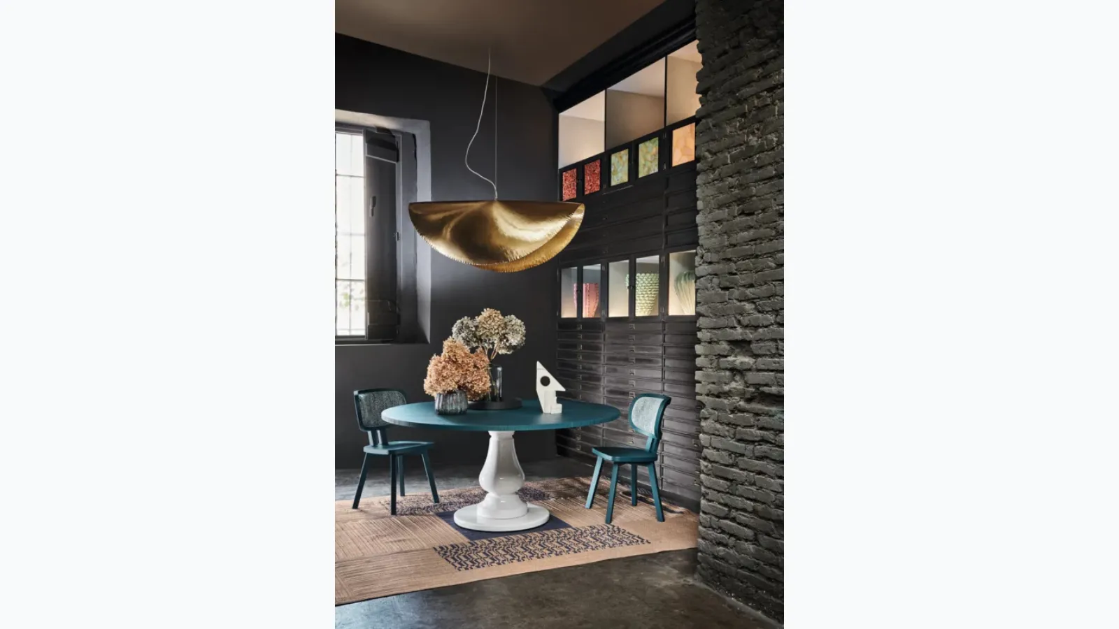 Gray 38 table with wooden top and white millgres base by Gervasoni.