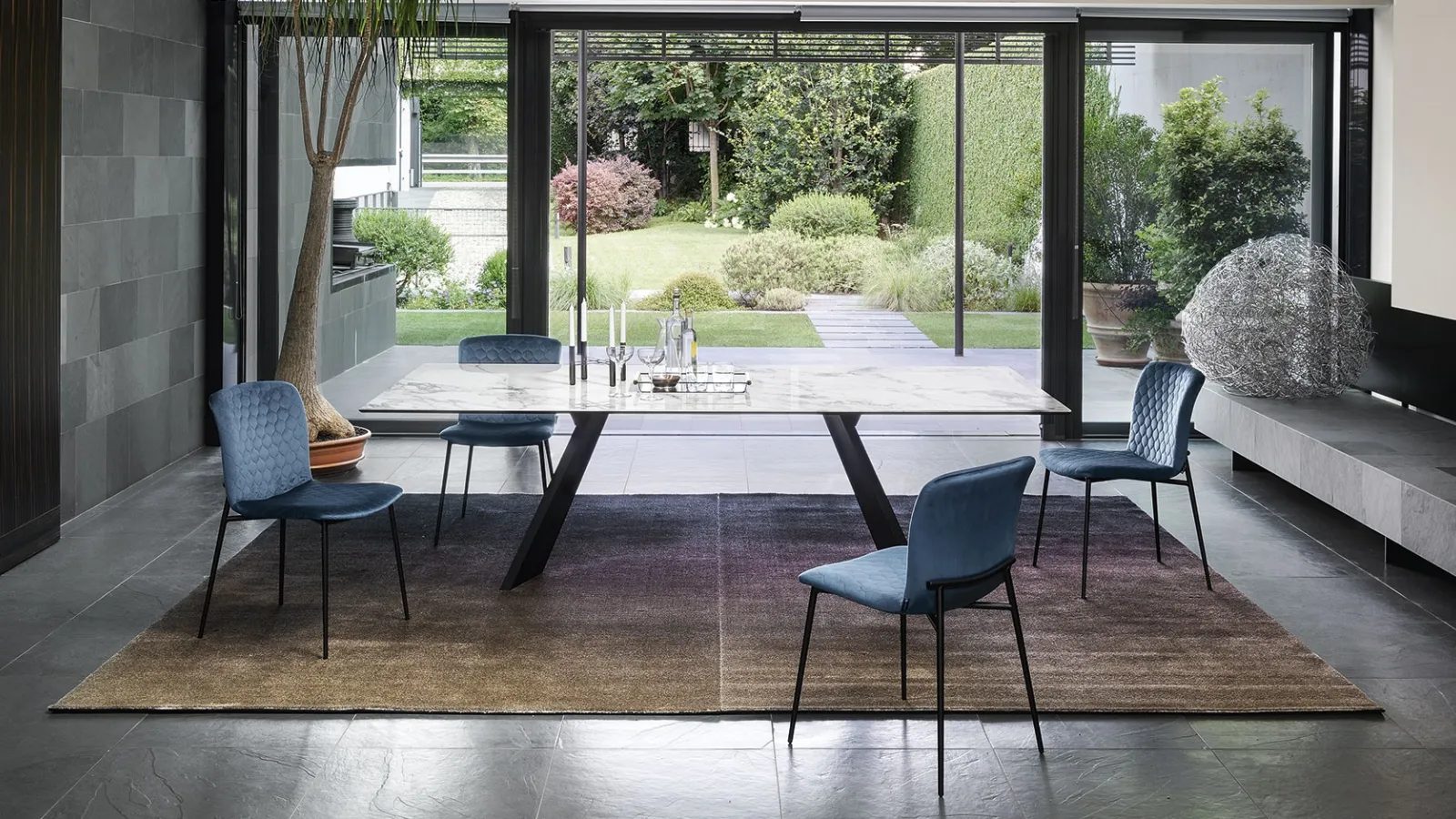Rectangular table Icaro with ceramic top and wooden base veneered by Calligaris.