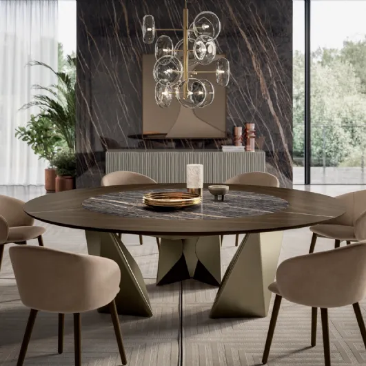 Round wooden table with SuperMarmo Kaleido by Bontempi