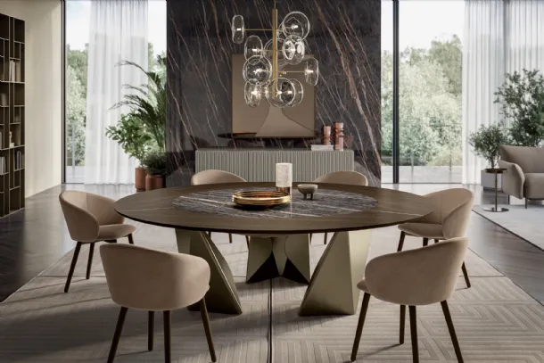 Round wooden table with SuperMarmo Kaleido by Bontempi