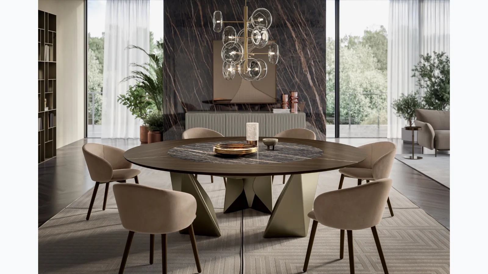 Round wooden table with SuperMarmo Kaleido by Bontempi