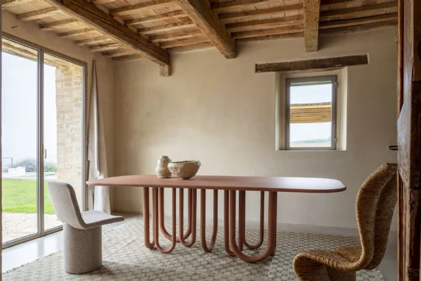 Medusa table with wooden top and metal base by Mogg