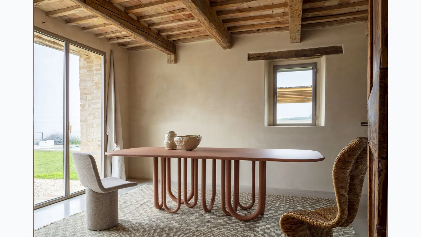 Medusa table with wooden top and metal base by Mogg