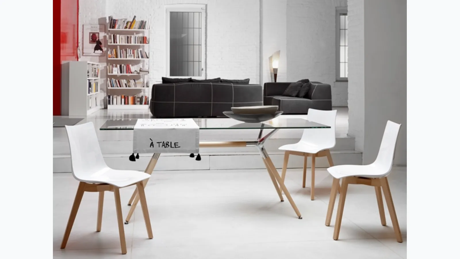 Rectangular glass table with beech legs Metropolis by Scab Design.
