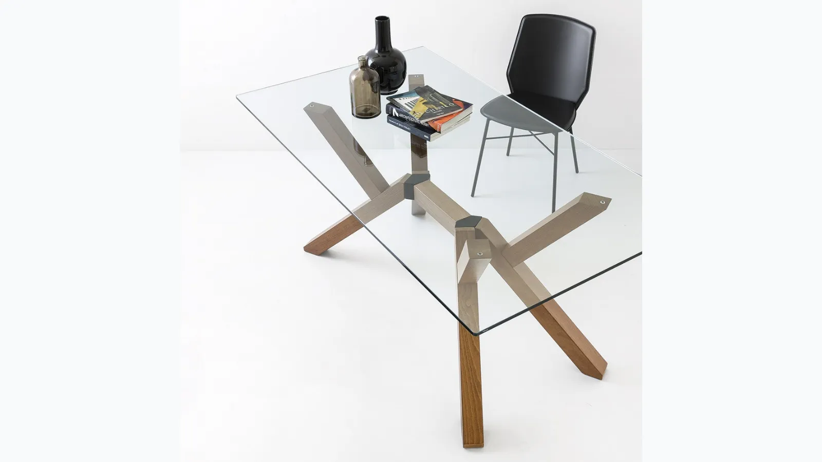 Mikado table with glass top and Connubia wooden legs.