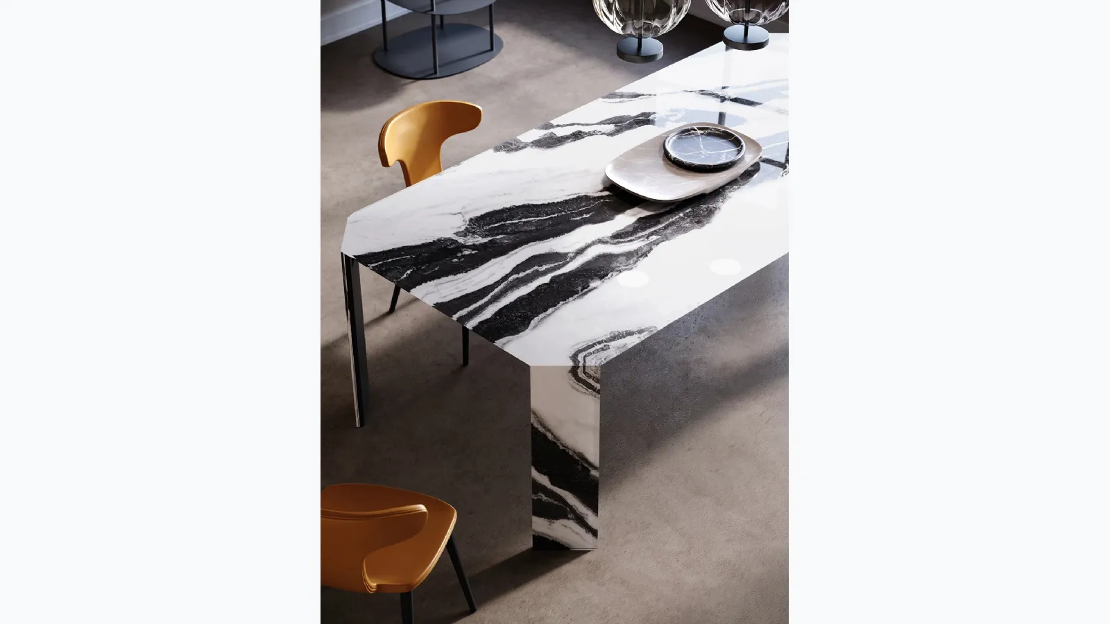 Panta Rei glass table decorated with silk-screen printing by Tonin Casa.