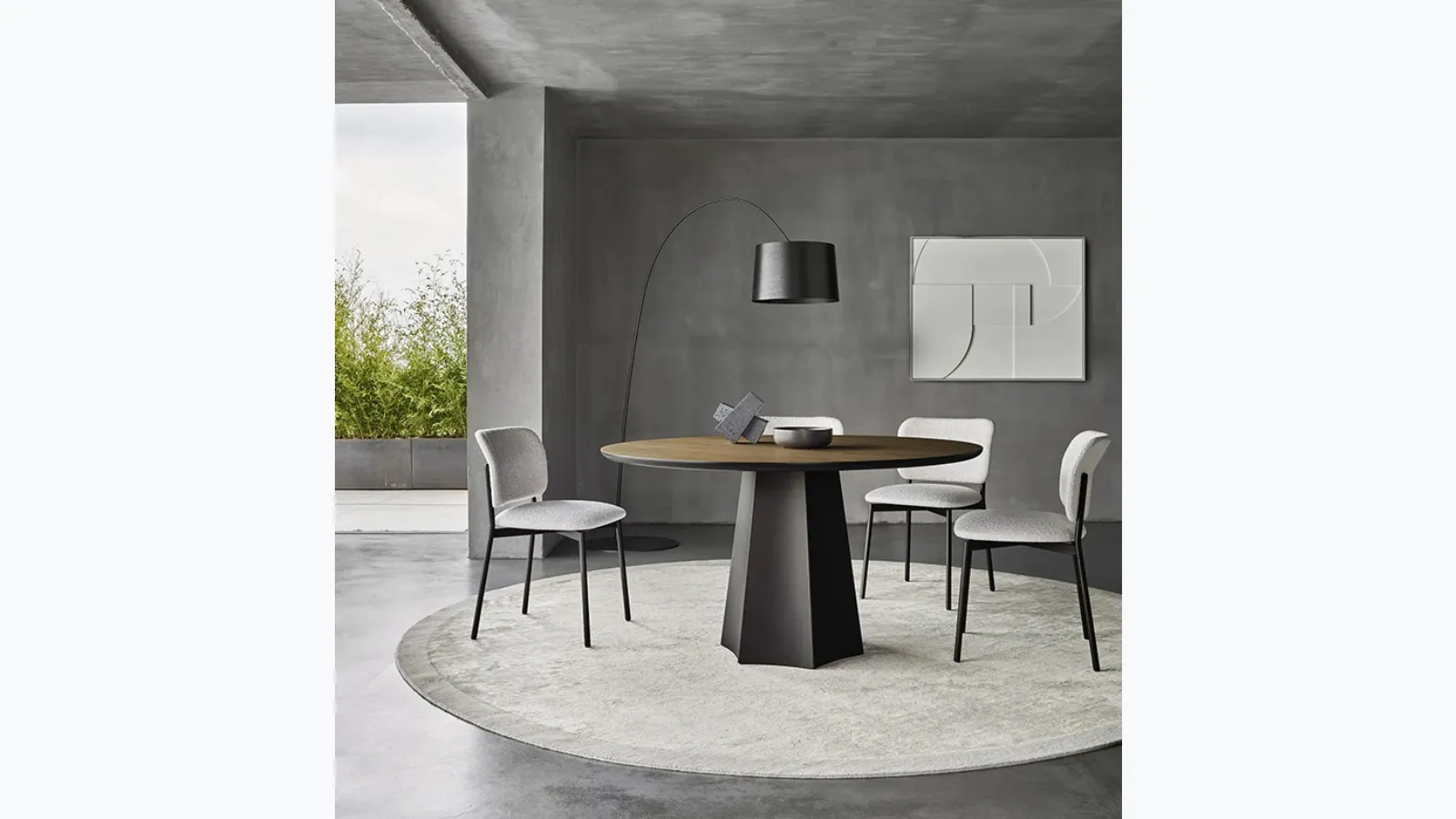 Round polyhedron table in thermotreated Oak by Sangiacomo