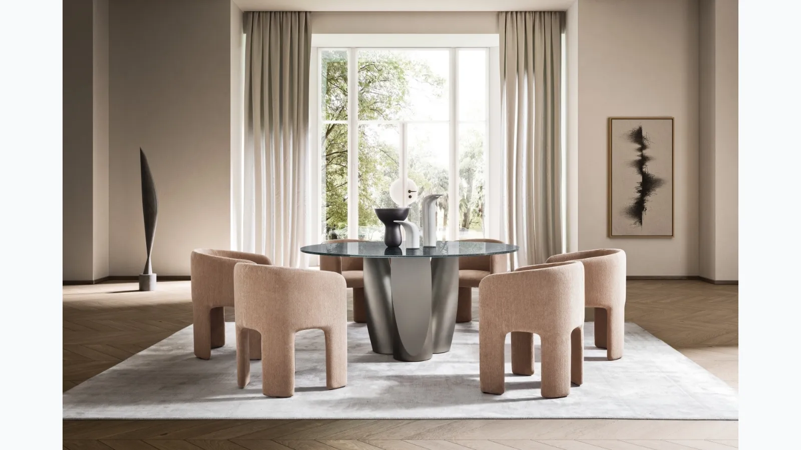 Round design table Sentei with glass top and metal base by Ditre Italia.