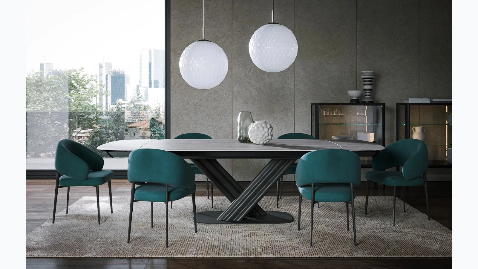 Sipario Ext travertine stoneware table by Tonin Casa.