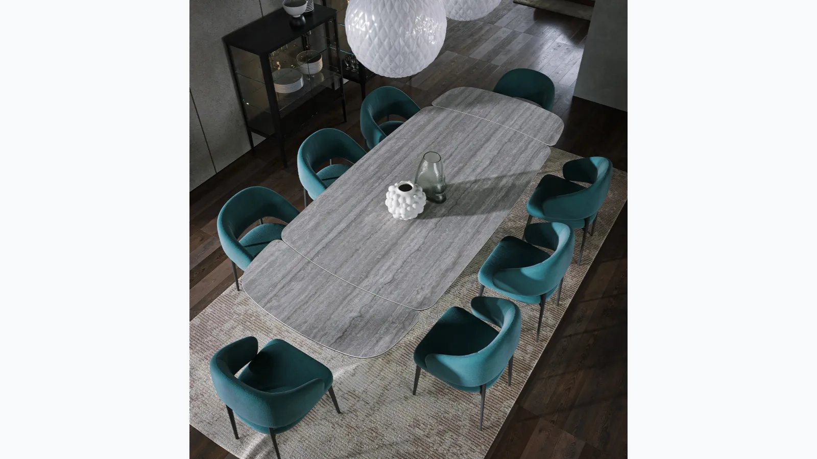 Sipario Ext travertine porcelain dining table by Tonin Casa.