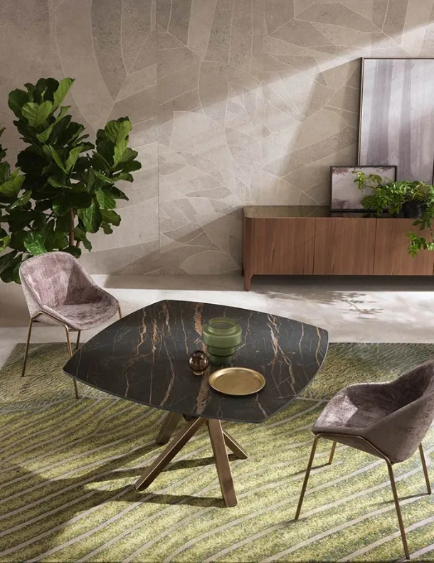 Extendable Shangai Square table with ceramic top and painted aluminum base by Riflessi.