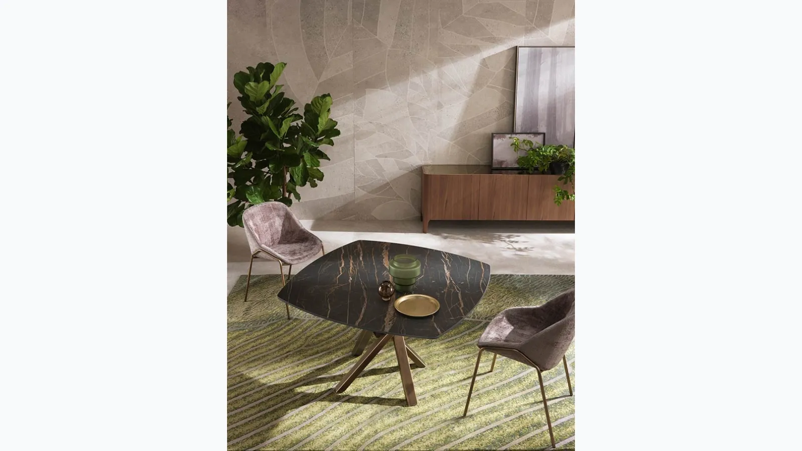 Extendable Shangai Square table with ceramic top and painted aluminum base by Riflessi.