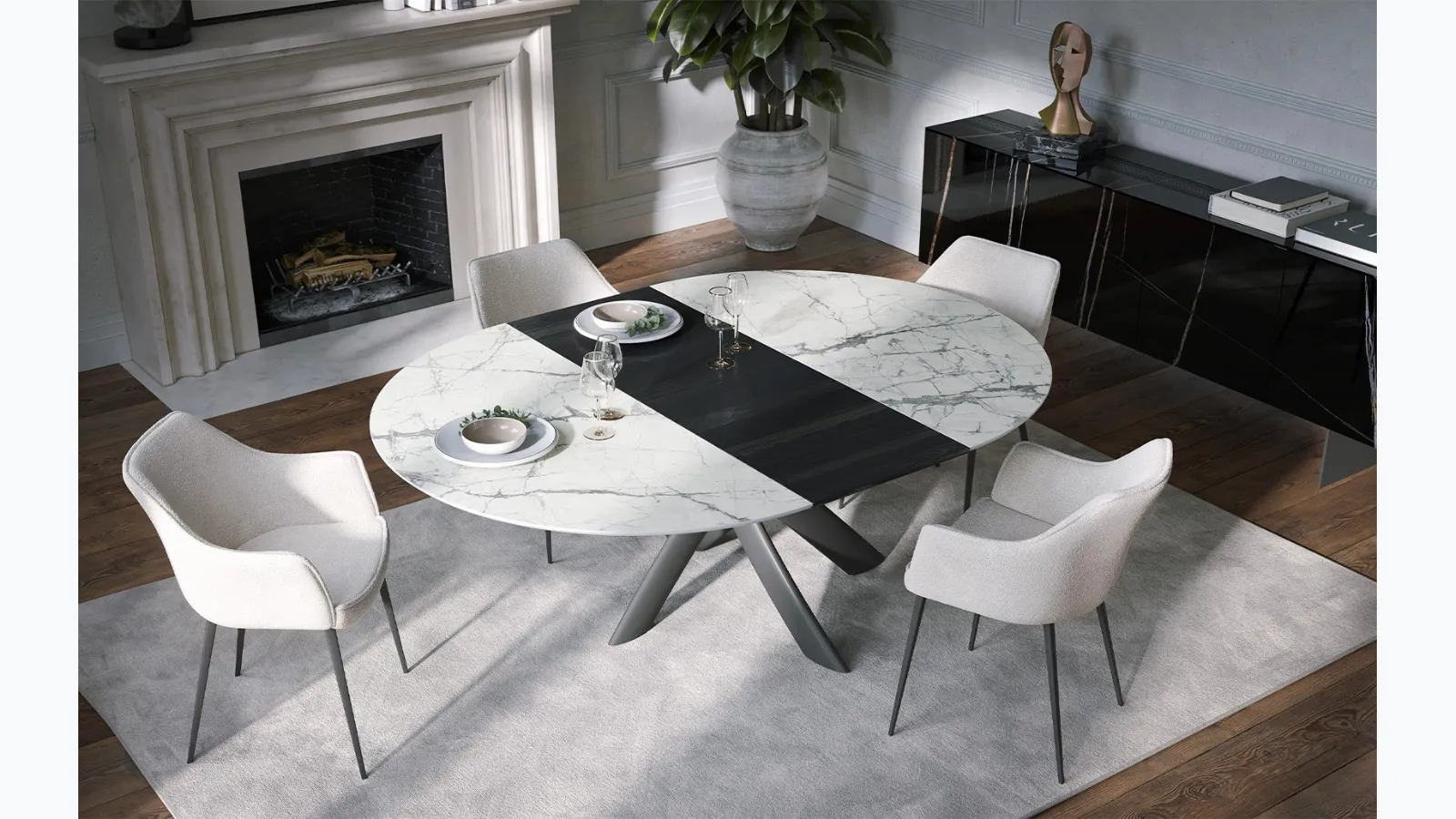 Extendable round table Style Round Ext in ceramic with wooden extender by Tonin Casa.