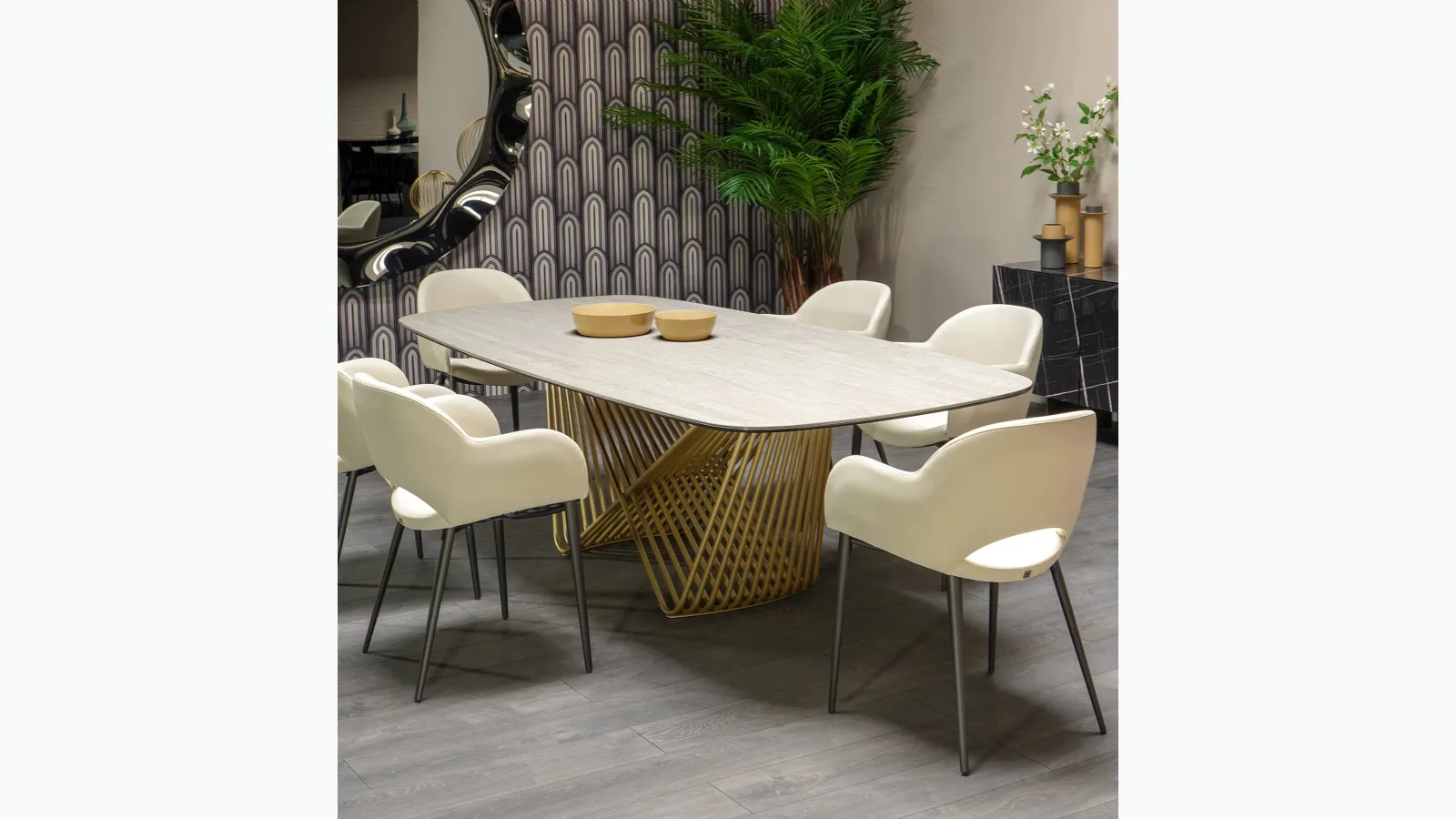 Tension table with travertine stoneware top by Tonin Casa.