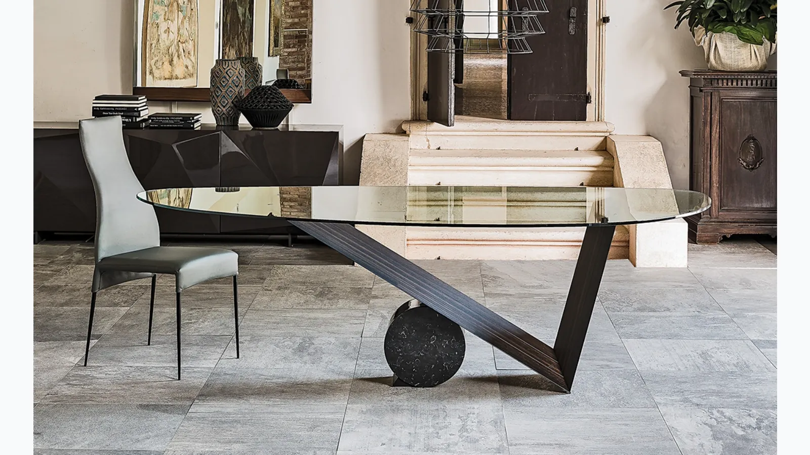 Glass table with wooden base Valentino by Cattelan Italia