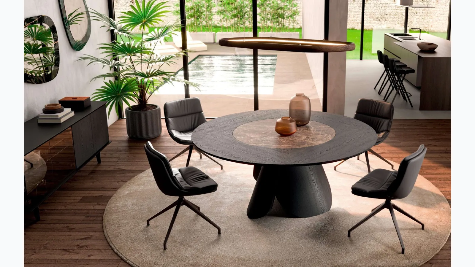 Extendable round wooden table Veliero with built-in ceramic Lazy Susan tray in the top by Ozzio.