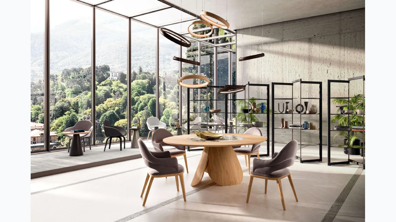 Round extendable wooden table Veliero with built-in ceramic Lazy Susan tray by Ozzio.